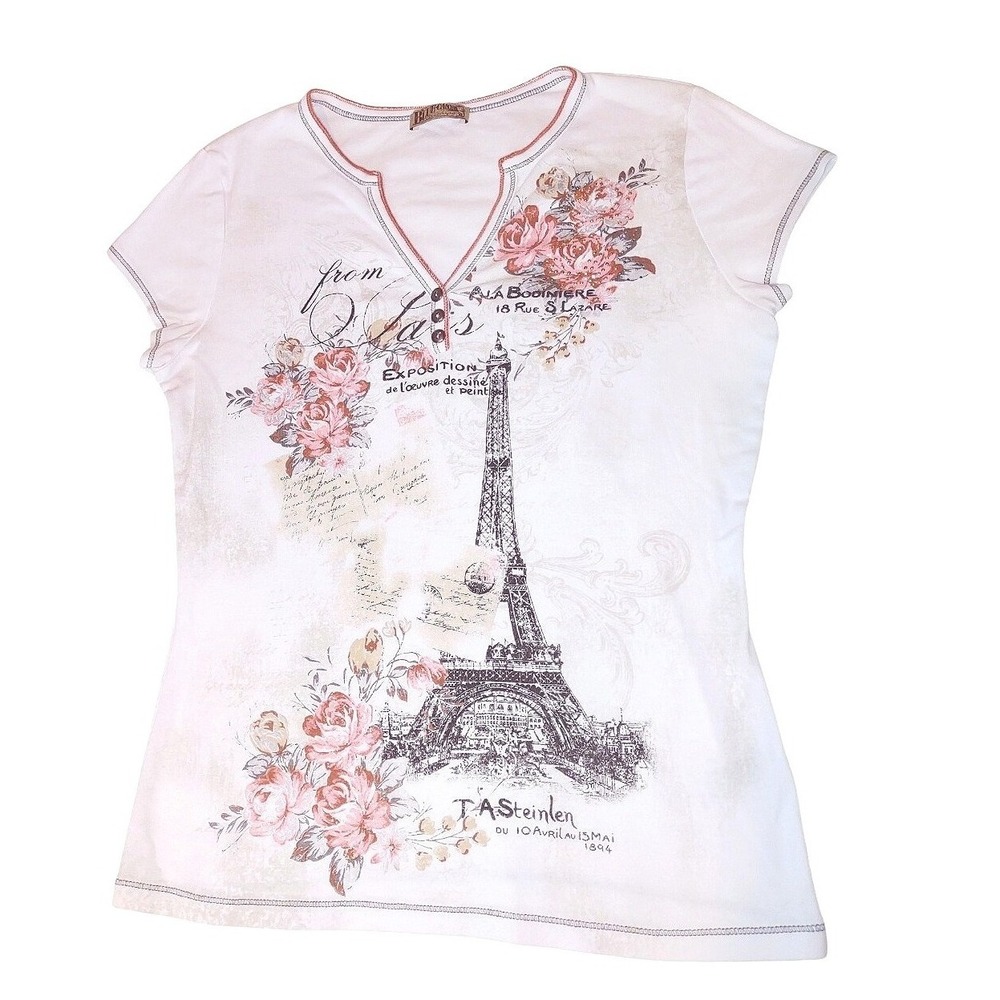 100% Cotton Womens Baby Tee - Vintage Paris Eiffel Tower Floral Print T-Shirt‎